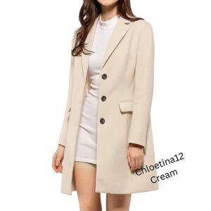 New Women Lapel Collar Long Wool Pea Coat Cream Button Down Gorgeous Coat